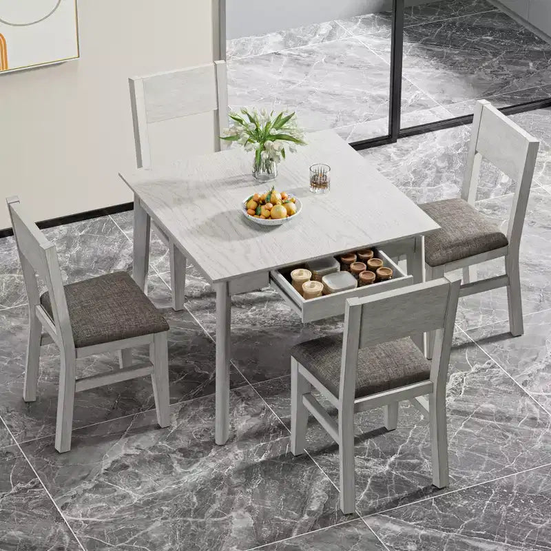 Ensemble de salle à manger 5 pièces VECELO de style ferme pour 4 personnes, table carrée en bois d'hévéa et 4 chaises de salle à manger rembourrées, gris