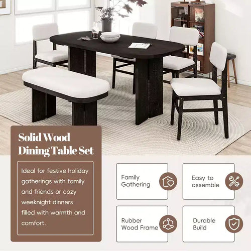 Ensemble table de salle à manger 6 pièces avec chaises rembourrées et banc, style rustique fermier, naturel/espresso-ModernLuxe