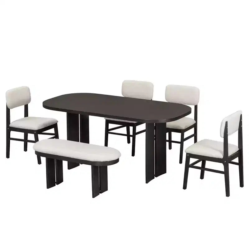 Ensemble table de salle à manger 6 pièces avec chaises rembourrées et banc, style rustique fermier, naturel/espresso-ModernLuxe