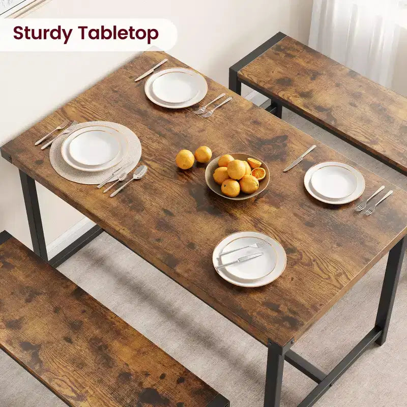 Ensemble table à manger pour 4, table de cuisine avec 2 bancs en métal et bois, ensemble de table à manger rectangulaire, pour petit espace, appartement, studio