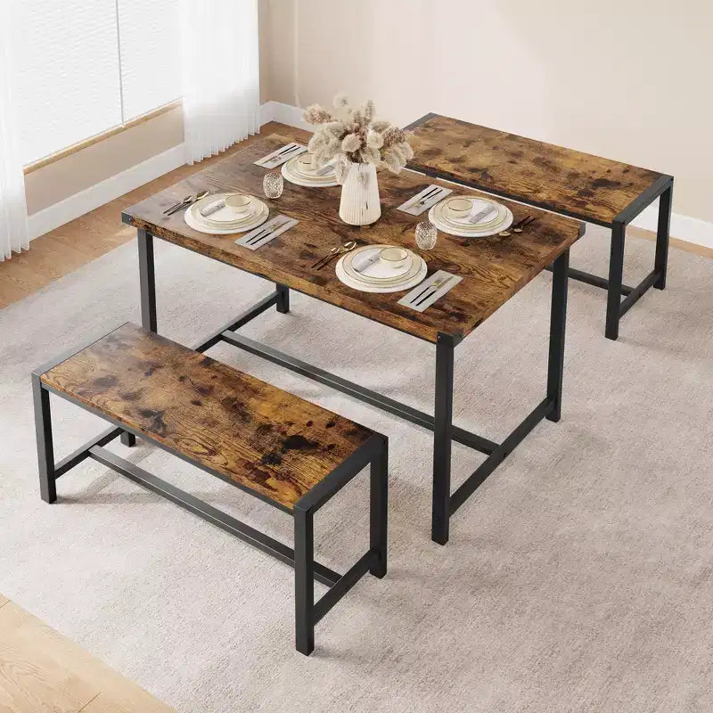 Ensemble table à manger pour 4, table de cuisine avec 2 bancs en métal et bois, ensemble de table à manger rectangulaire, pour petit espace, appartement, studio