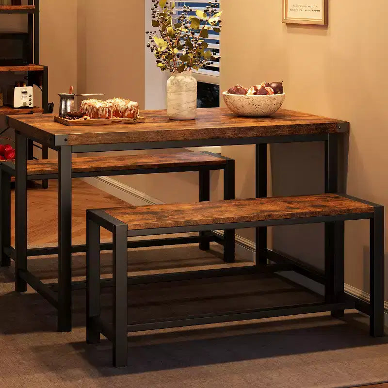 Ensemble table à manger pour 4, table de cuisine avec 2 bancs en métal et bois, ensemble de table à manger rectangulaire, pour petit espace, appartement, studio