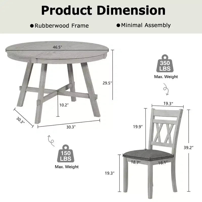 Ensemble de table à manger rustique VECELO, table ronde en bois d'hévéa et chaises de salle à manger rembourrées pour cuisine, gris