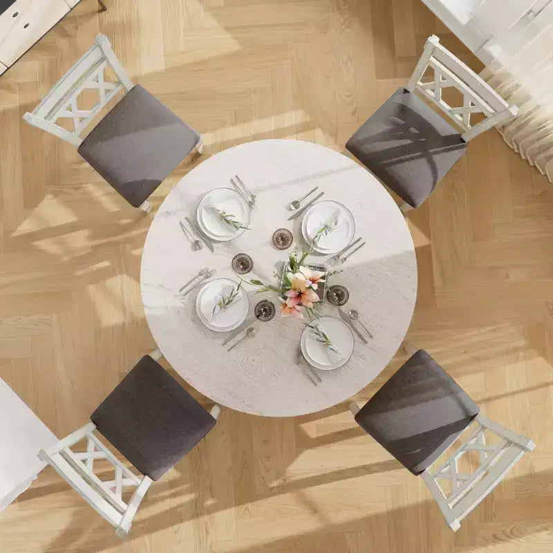 Ensemble de table à manger rustique VECELO, table ronde en bois d'hévéa et chaises de salle à manger rembourrées pour cuisine, gris