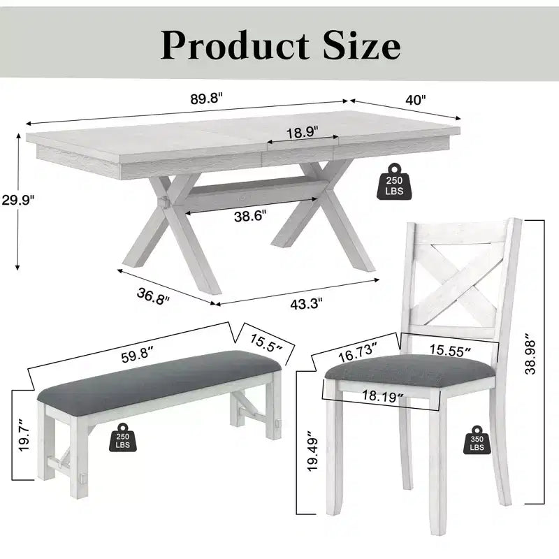 Ensemble de salle à manger extensible VECELO rustique 6 pièces, table en bois d'hévéa avec 4 chaises de salle à manger rembourrées sans accoudoirs et banc pour cuisine, gris