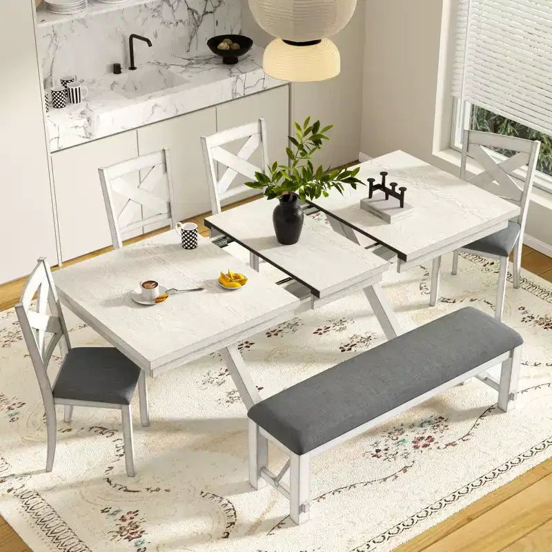 Ensemble de salle à manger extensible VECELO rustique 6 pièces, table en bois d'hévéa avec 4 chaises de salle à manger rembourrées sans accoudoirs et banc pour cuisine, gris