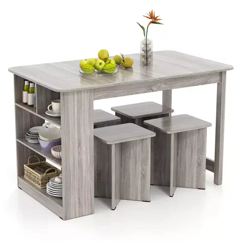 Ensemble de table à manger Costway 5 pièces avec étagère de rangement Table de cuisine rectangulaire avec 4 tabourets Beige/Gris