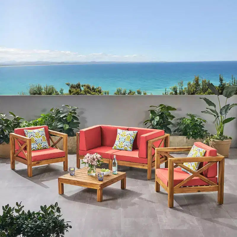Christopher Knight Home Brava Ensemble de conversation d'extérieur 4 places en bois d'acacia avec coussins