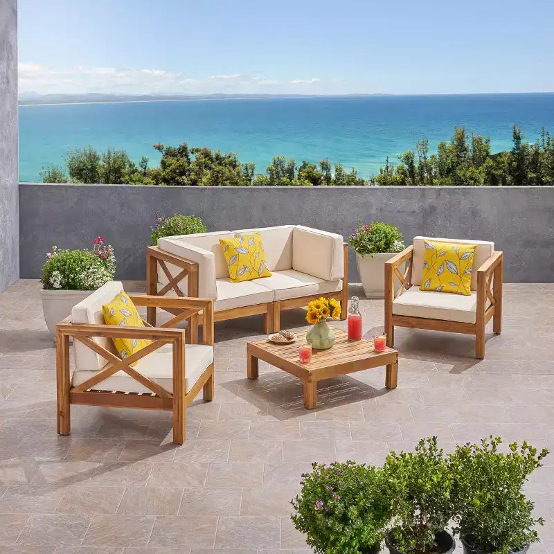 Christopher Knight Home Brava Ensemble de conversation d'extérieur 4 places en bois d'acacia avec coussins