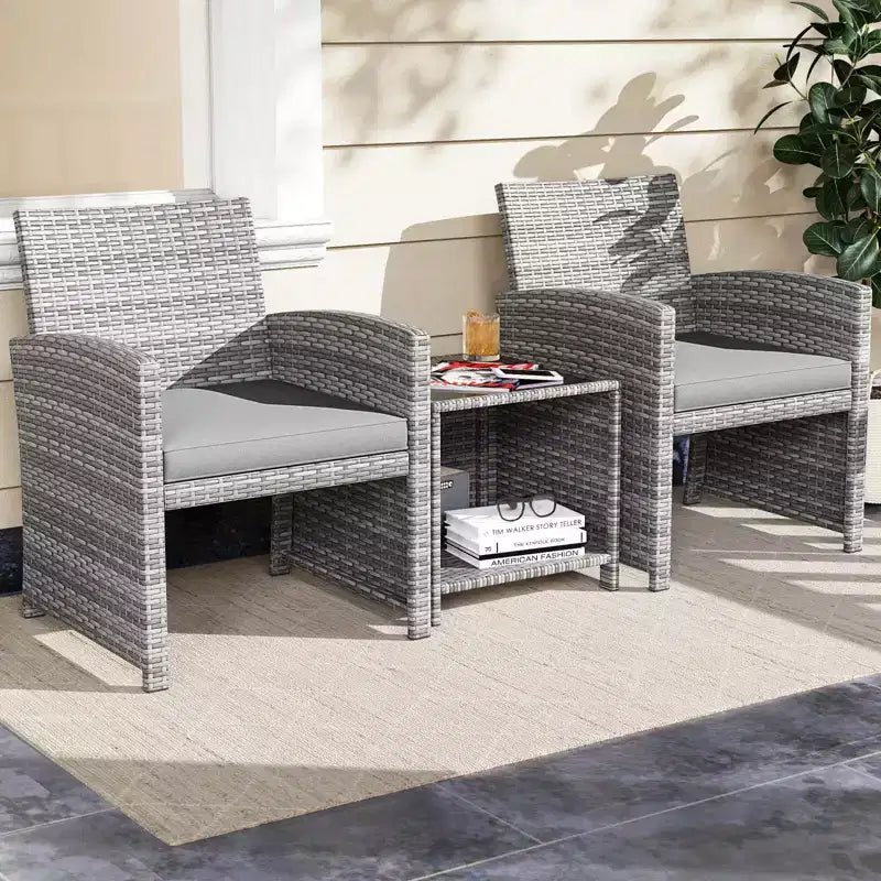 Ensemble de meubles de patio Costway 3 pièces avec table basse en verre trempé et coussins de siège moelleux gris/noir/blanc