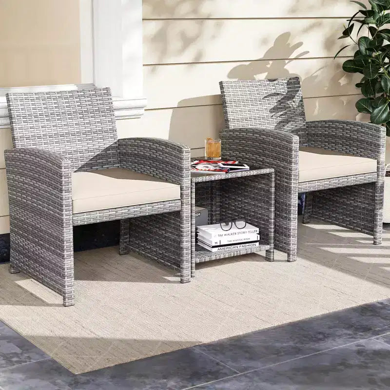 Ensemble de meubles de patio Costway 3 pièces avec table basse en verre trempé et coussins de siège moelleux gris/noir/blanc