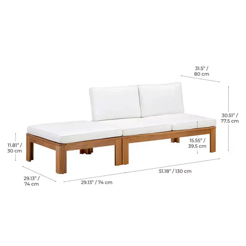 Ensemble de canapé modulaire 2 pièces et chaise longue convertible avec finition en bois naturel - Teamson Home : Cadre en acacia massif et coussins résistants aux intempéries