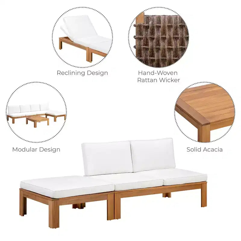 Ensemble de canapé modulaire 2 pièces et chaise longue convertible avec finition en bois naturel - Teamson Home : Cadre en acacia massif et coussins résistants aux intempéries