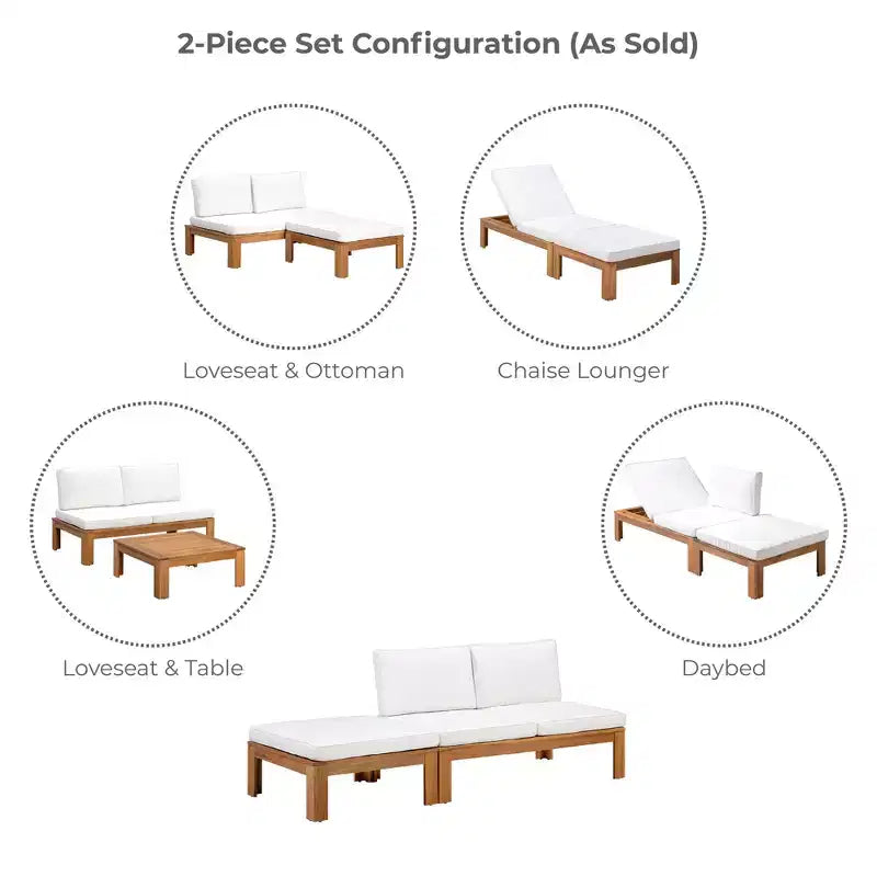 Ensemble de canapé modulaire 2 pièces et chaise longue convertible avec finition en bois naturel - Teamson Home : Cadre en acacia massif et coussins résistants aux intempéries