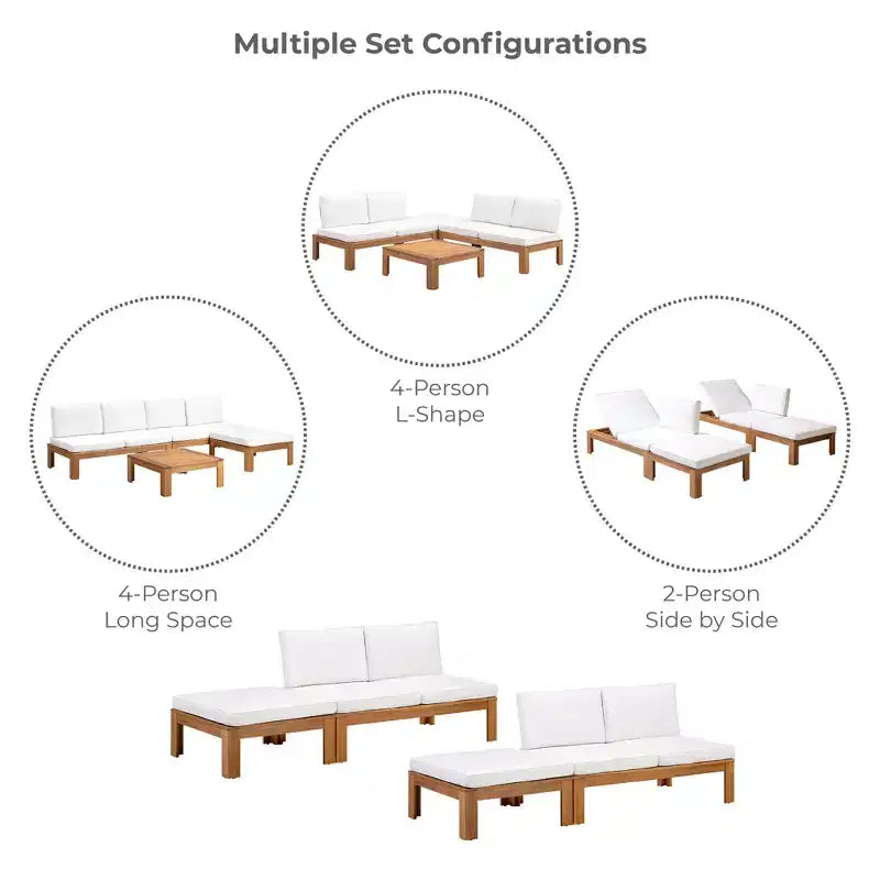 Ensemble de canapé modulaire 2 pièces et chaise longue convertible avec finition en bois naturel - Teamson Home : Cadre en acacia massif et coussins résistants aux intempéries