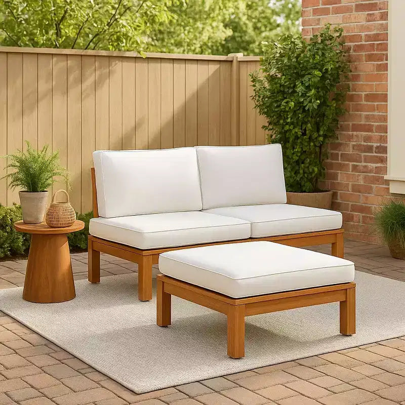 Ensemble de canapé modulaire 2 pièces et chaise longue convertible avec finition en bois naturel - Teamson Home : Cadre en acacia massif et coussins résistants aux intempéries