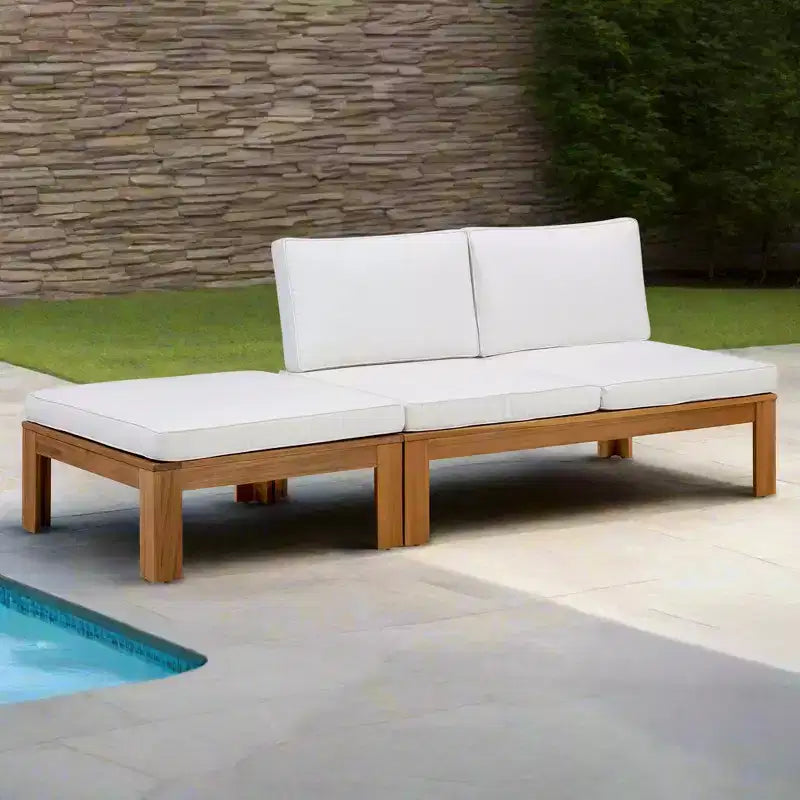 Ensemble de canapé modulaire 2 pièces et chaise longue convertible avec finition en bois naturel - Teamson Home : Cadre en acacia massif et coussins résistants aux intempéries