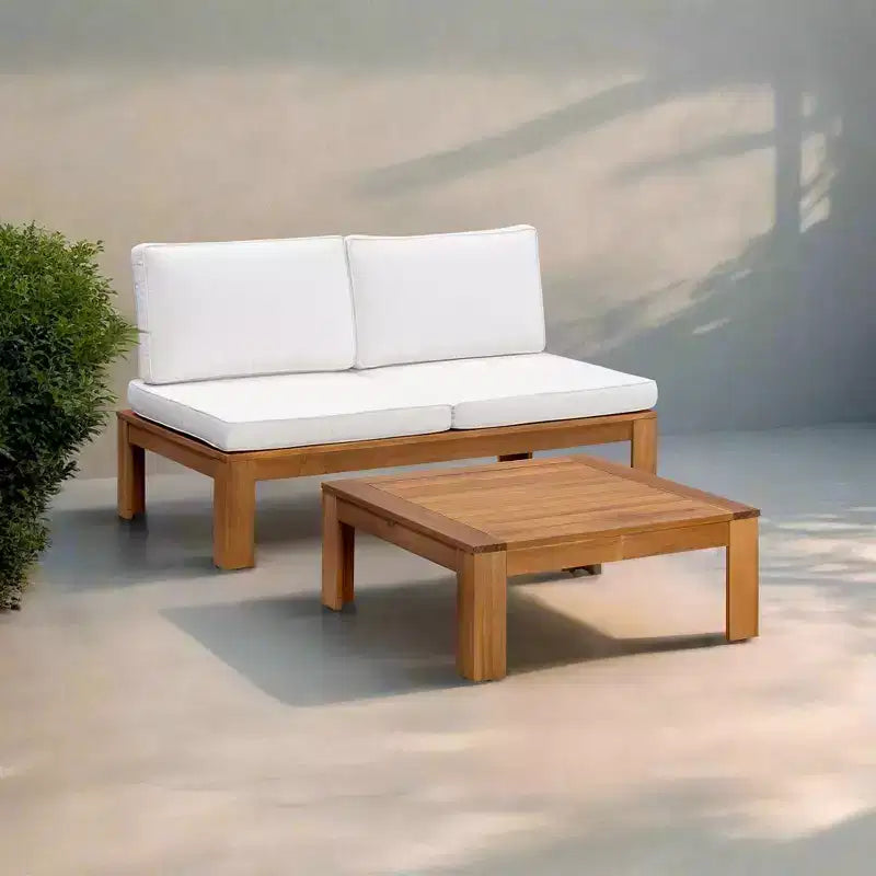 Ensemble de canapé modulaire 2 pièces et chaise longue convertible avec finition en bois naturel - Teamson Home : Cadre en acacia massif et coussins résistants aux intempéries