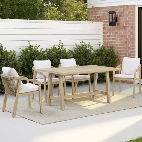5 Piece Wooden Outdoor Dining Set with Cushions, Natural Eucalyptus Wood- Teamson Home: Seats with Thick Cushions & Spacious Dining Table