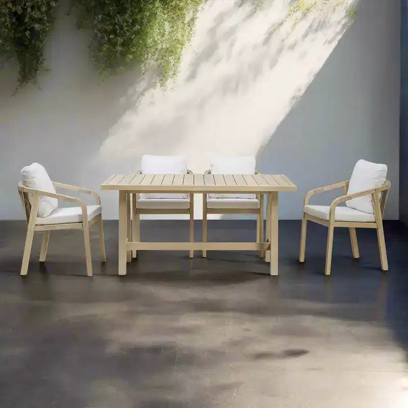 Ensemble de salle à manger d'extérieur en bois 5 pièces avec coussins, bois d'eucalyptus naturel - Teamson Home : Sièges avec coussins épais et grande table à manger