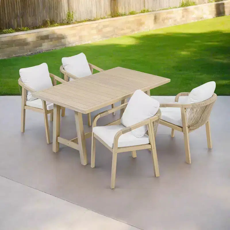 Ensemble de salle à manger d'extérieur en bois 5 pièces avec coussins, bois d'eucalyptus naturel - Teamson Home : Sièges avec coussins épais et grande table à manger