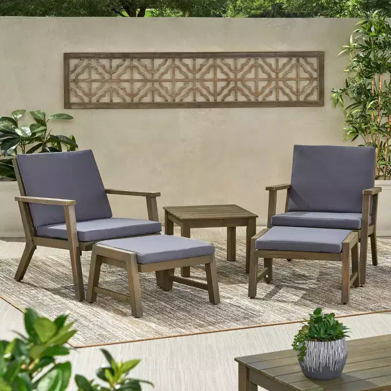 Christopher Knight Home Temecula Ensemble de conversation 5 pièces pour extérieur avec fauteuil de club et ottoman en bois d'acacia avec coussins