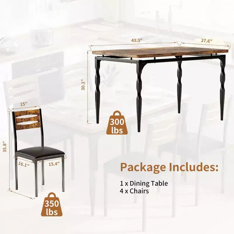 Ensemble de salle à manger 5 pièces, table et chaises de salle à manger de style industriel pour 4 personnes