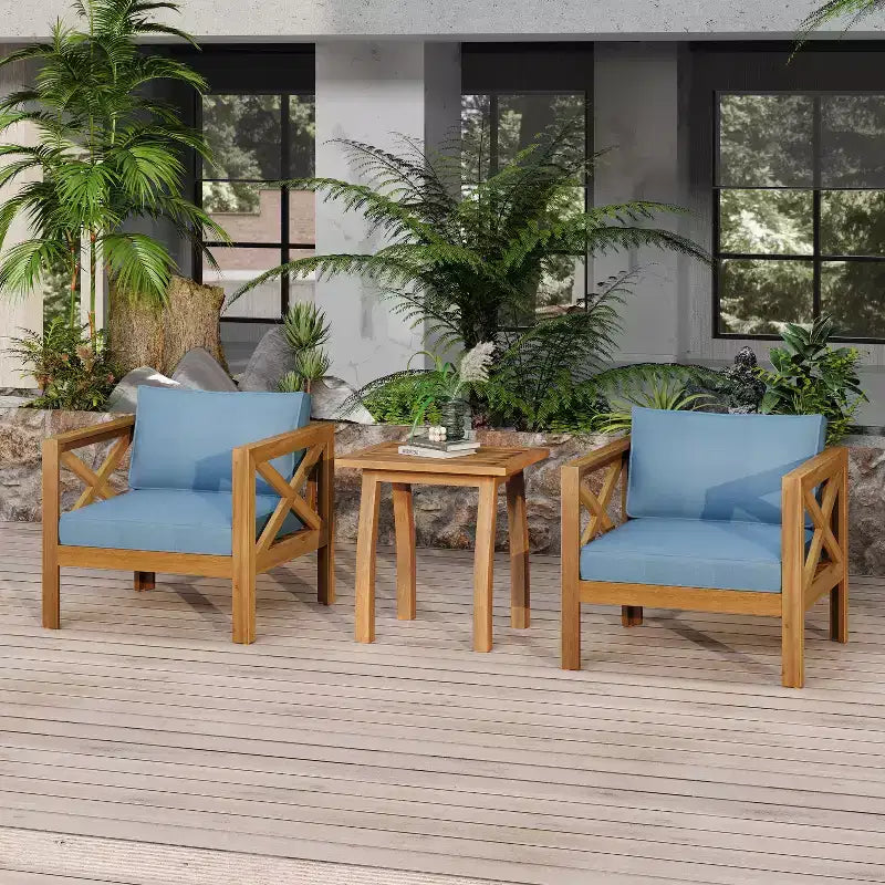 Christopher Knight Home Callum Chaises de club de patio 3 pièces transitionnelles en bois d'acacia avec table d'appoint rectangulaire