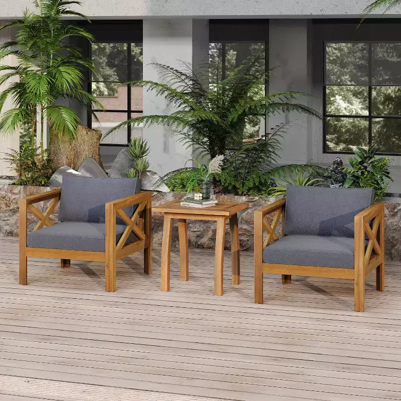 Christopher Knight Home Callum Chaises de club de patio 3 pièces transitionnelles en bois d'acacia avec table d'appoint rectangulaire