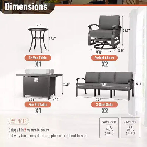 ALAULM Salon de Jardin 8 Places en Aluminium - Mobilier d'Extérieur Moderne en Métal avec Table de Foyer au Propane de 114 cm