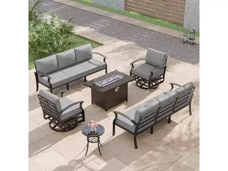ALAULM Salon de Jardin 8 Places en Aluminium - Mobilier d'Extérieur Moderne en Métal avec Table de Foyer au Propane de 114 cm