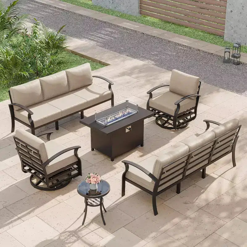 ALAULM Salon de Jardin 8 Places en Aluminium - Mobilier d'Extérieur Moderne en Métal avec Table de Foyer au Propane de 114 cm