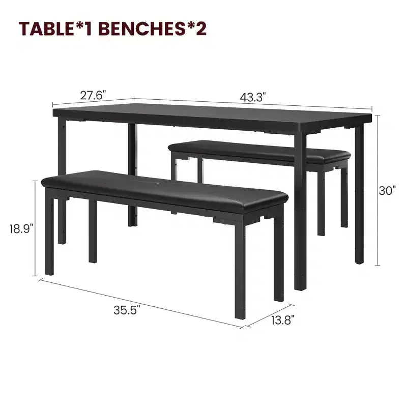Ensemble table de salle à manger de 109 cm pour 4 personnes, ensemble table de cuisine rectangulaire avec 2 bancs rembourrés, mobilier de cuisine et de salle à manger 3 pièces peu encombrant