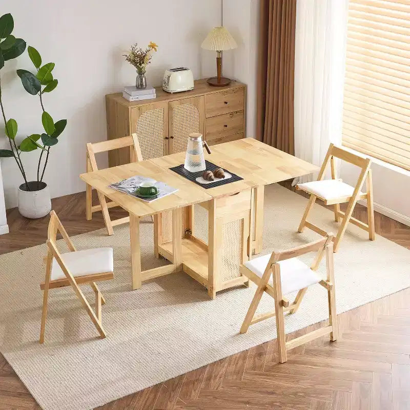 VINGLI Folding Dining Table Set, Extendable Drop Leaf Solid Wood Table with 4 Chairs,rawers & Wheels, Space-Saving for Kitchen