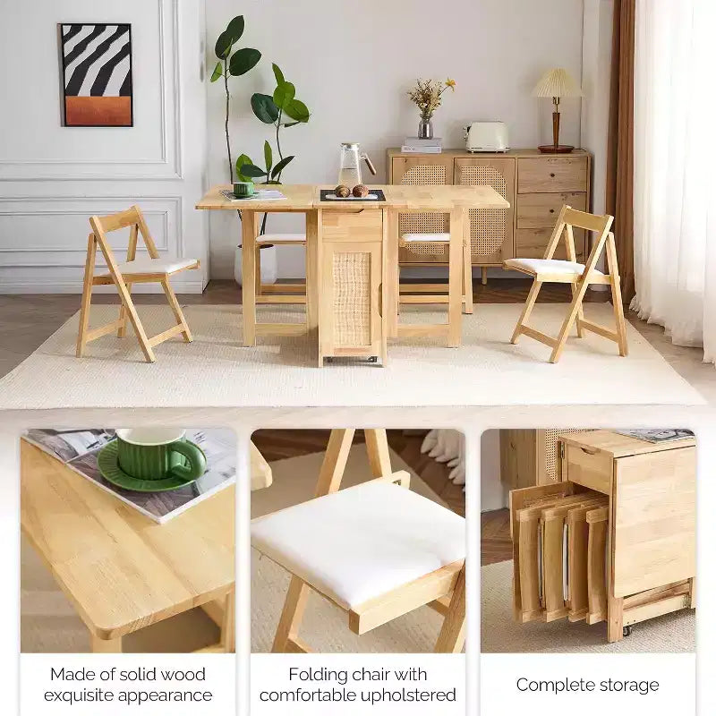 Ensemble de table à manger pliante VINGLI, table en bois massif extensible à abattants avec 4 chaises, tiroirs et roulettes, gain de place pour la cuisine