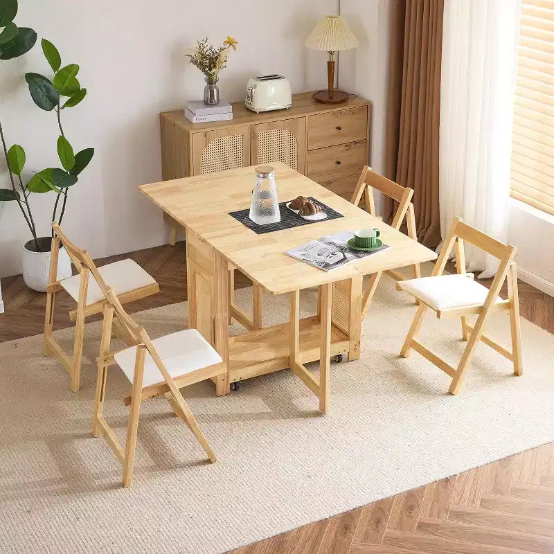 Ensemble de table à manger pliante VINGLI, table en bois massif extensible à abattants avec 4 chaises, tiroirs et roulettes, gain de place pour la cuisine