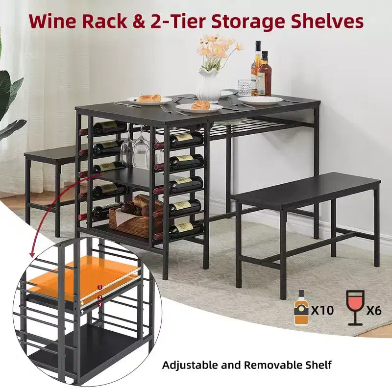 Ensemble table et chaises de salle à manger CuisinSmart pour 4 personnes, table de cuisine avec 2 bancs, ensemble de salle à manger avec porte-bouteilles, marron, noir, gris