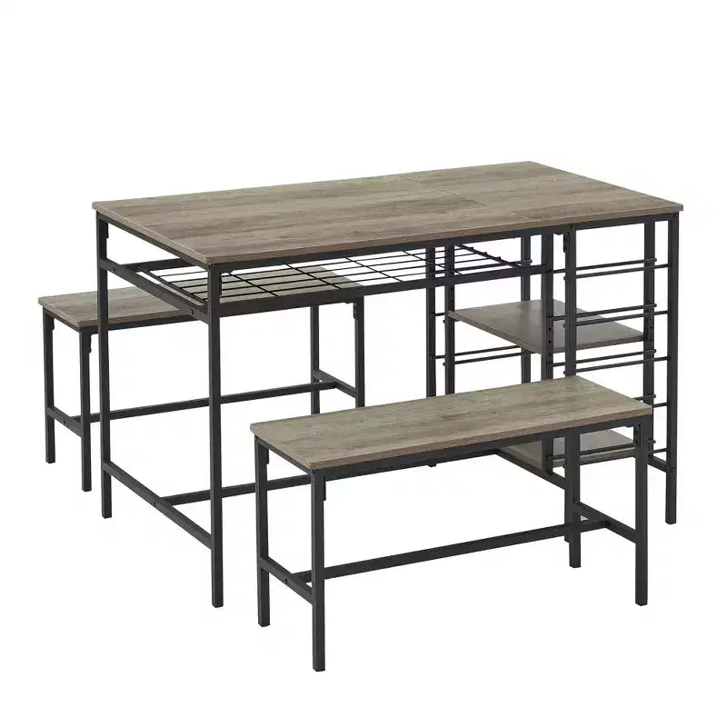Ensemble table et chaises de salle à manger CuisinSmart pour 4 personnes, table de cuisine avec 2 bancs, ensemble de salle à manger avec porte-bouteilles, marron, noir, gris
