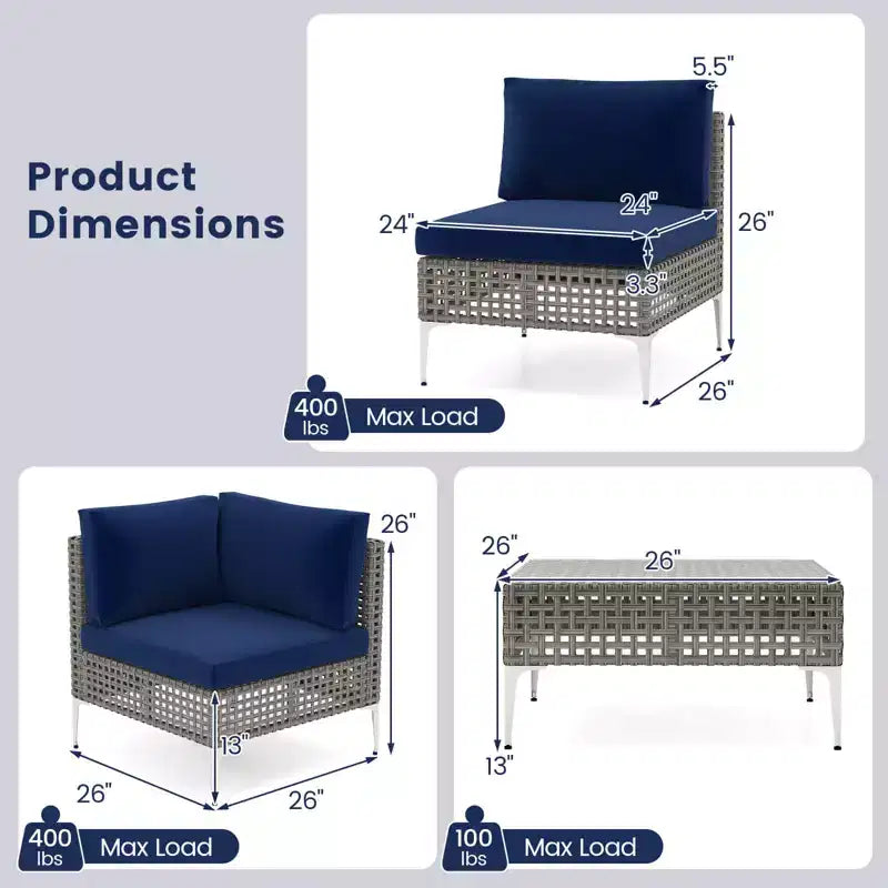Ensemble de mobilier d'extérieur Costway 5 pièces avec coussins d'assise et de dossier Table basse en verre trempé Bleu marine/Gris