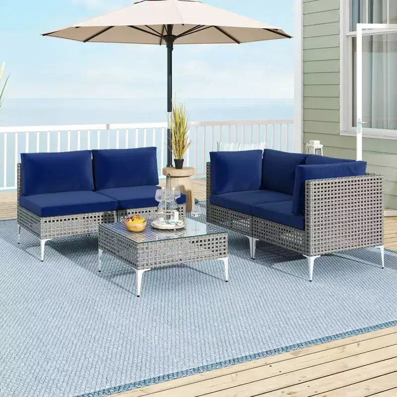 Ensemble de mobilier d'extérieur Costway 5 pièces avec coussins d'assise et de dossier Table basse en verre trempé Bleu marine/Gris