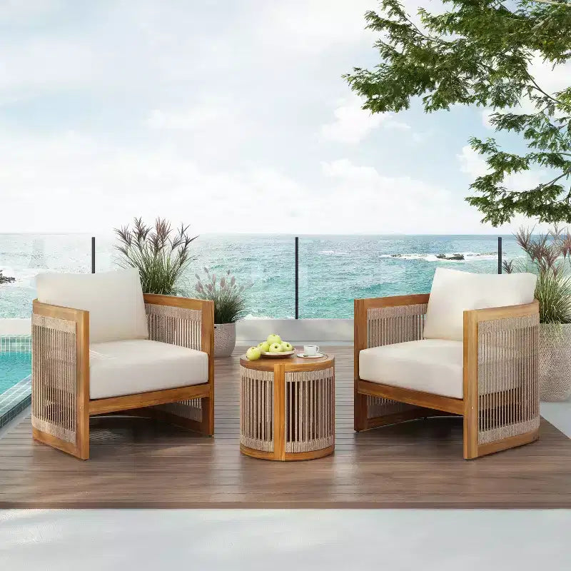 Christopher Knight Home Krizzix Boho 3 Piece Outdoor Acacia Wood Woven Rope Seating Set with Cushions