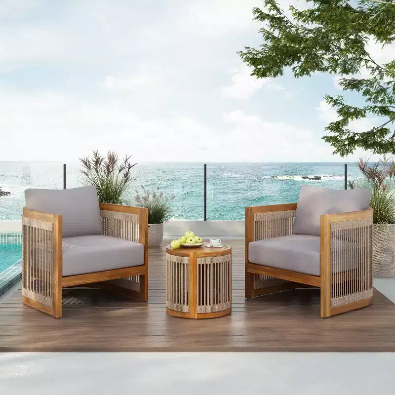 Christopher Knight Home Krizzix Ensemble de 3 pièces de mobilier d'extérieur bohème en bois d'acacia et corde tressée avec coussins