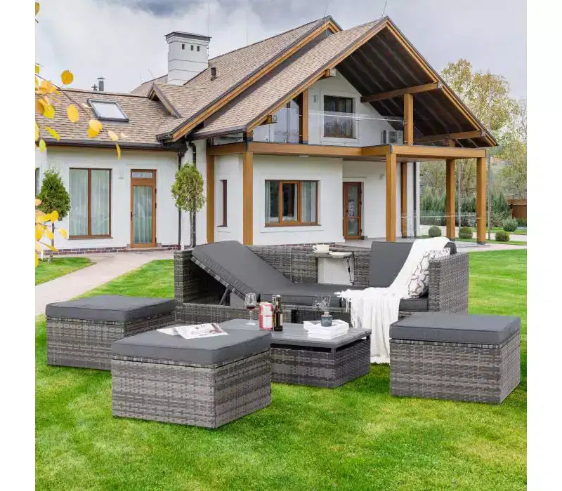 Salons de jardin Bestier, ensemble de conversation d'extérieur en osier avec table relevable, dossier réglable, poufs, canapé modulable pour l'arrière-cour