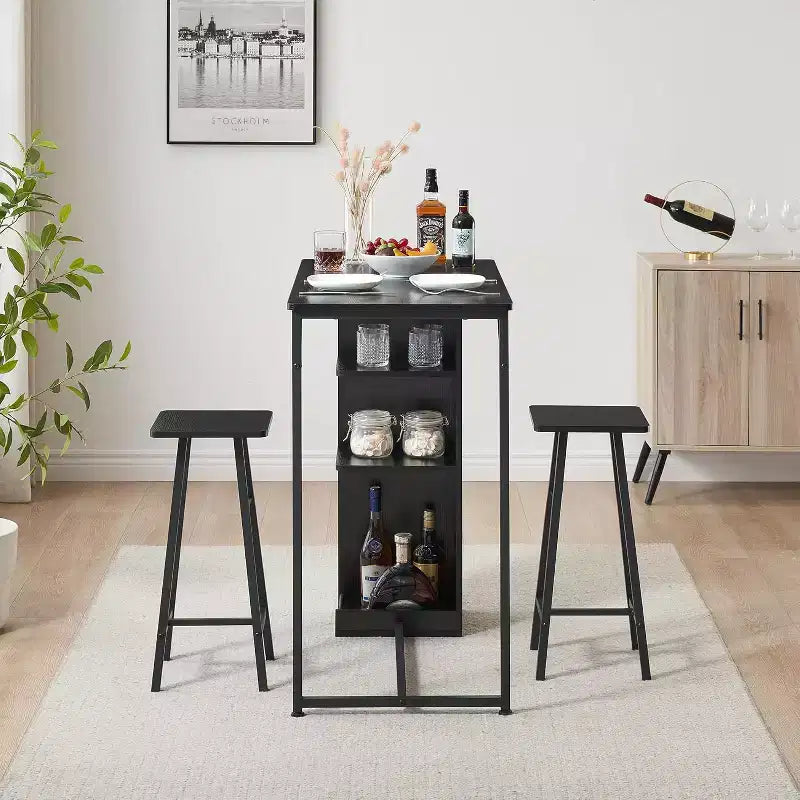 Ensemble table de bar et 2 tabourets, hauteur comptoir avec étagères de rangement, gain de place pour cuisine, appartement et coin-repas