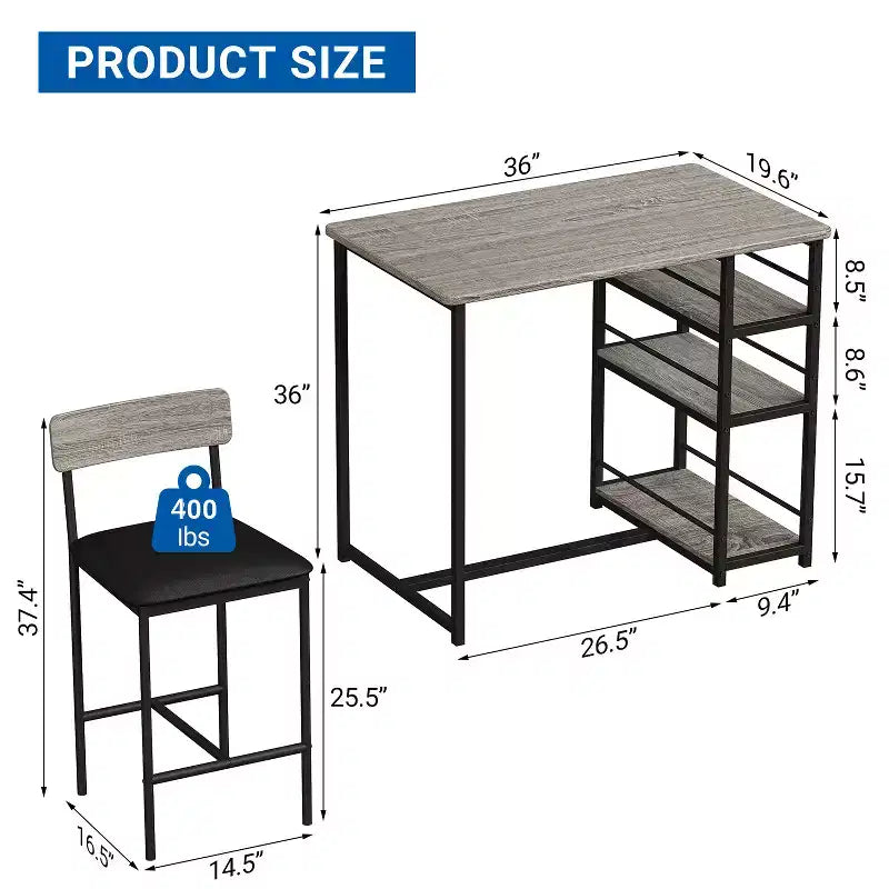 Table de cuisine hauteur comptoir avec 2 tabourets de bar rembourrés, ensemble table et chaises de salle à manger en bois pour 2 avec étagères de rangement, pour petits espaces, appartement