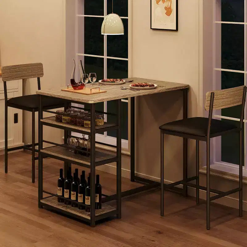Table de cuisine hauteur comptoir avec 2 tabourets de bar rembourrés, ensemble table et chaises de salle à manger en bois pour 2 avec étagères de rangement, pour petits espaces, appartement