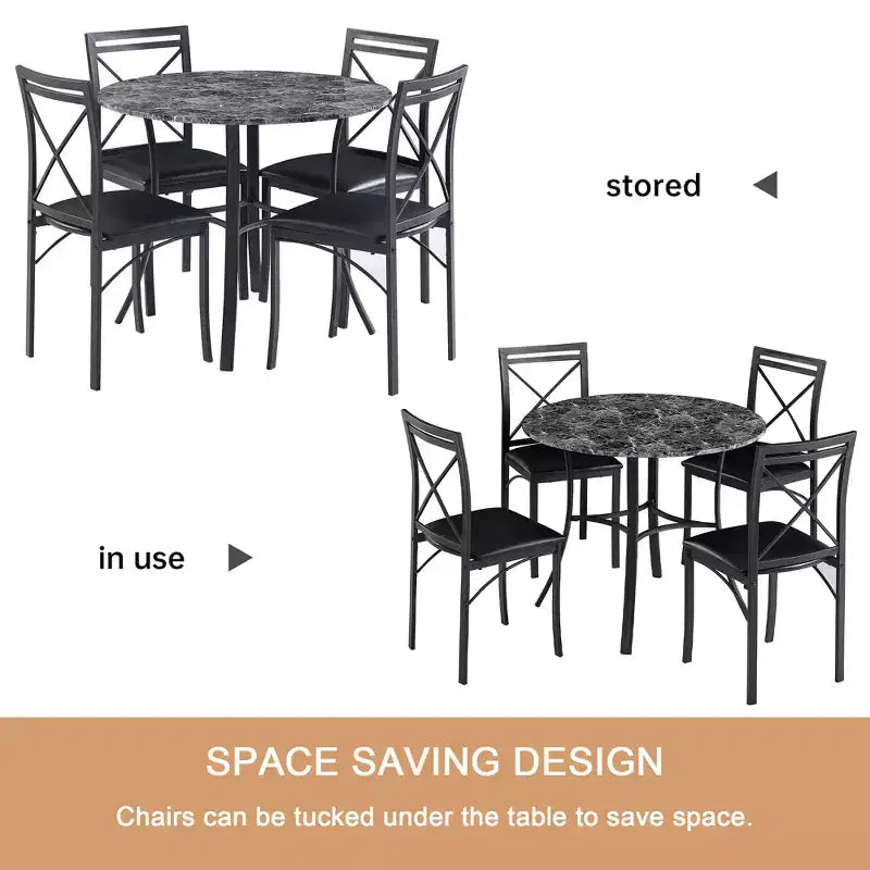 VECELO Ensemble table et 4 chaises de salle à manger, dînette en faux marbre avec 4 chaises pour cuisine, petit espace, noir/blanc