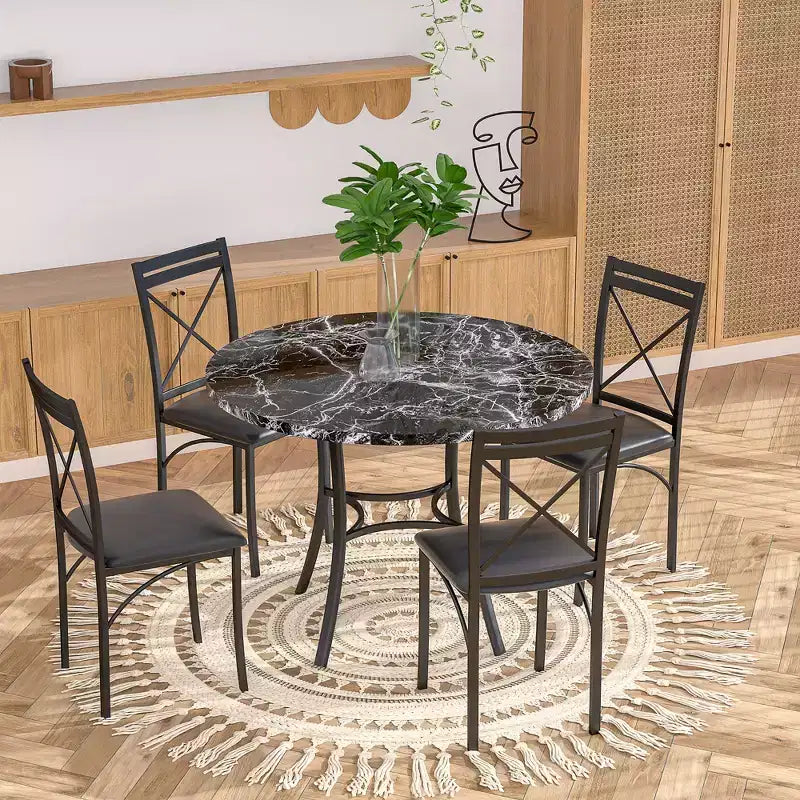 VECELO Ensemble table et 4 chaises de salle à manger, dînette en faux marbre avec 4 chaises pour cuisine, petit espace, noir/blanc