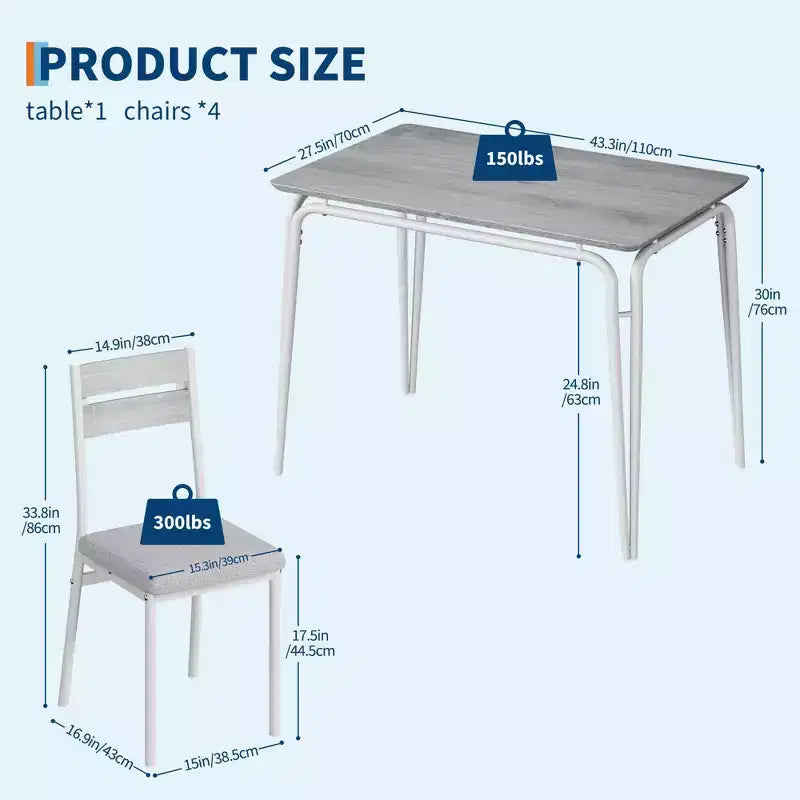 Ensemble de salle à manger 5 pièces pour 4 personnes, table et chaises carrées compactes, plateau robuste en MDF, cadre métallique, ensemble petit-déjeuner peu encombrant
