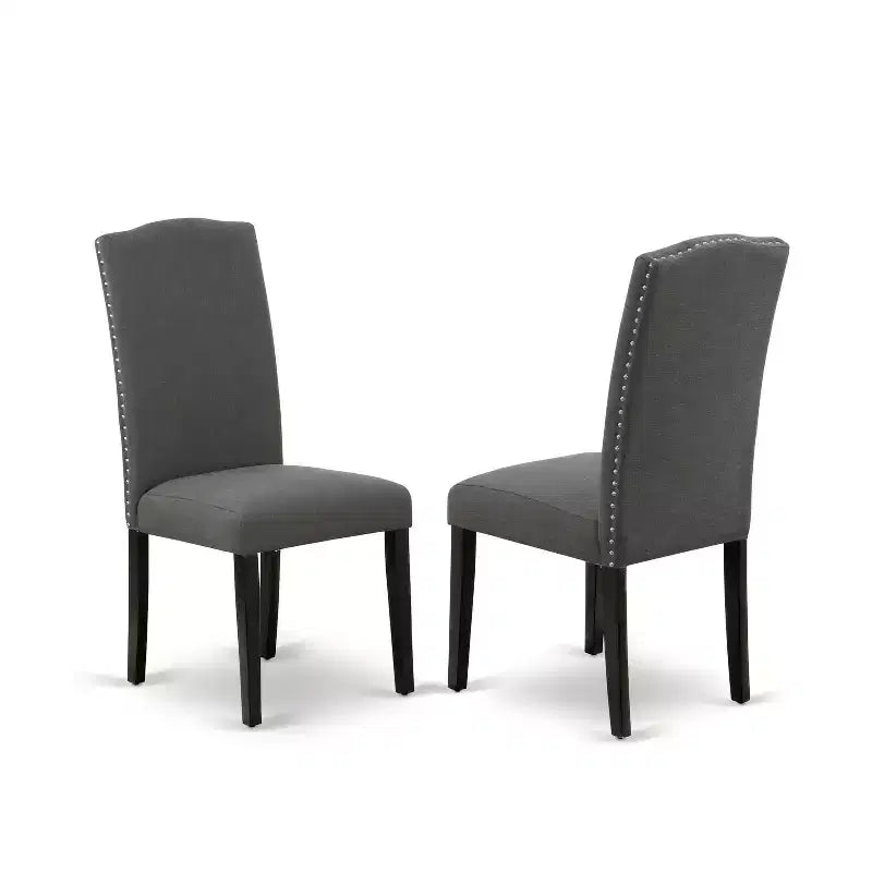 HomeStock Belmont Table à manger rectangulaire 7 pièces 152 cm et six chaises Parson avec pieds noirs et tissu en lin gris foncé Gotham